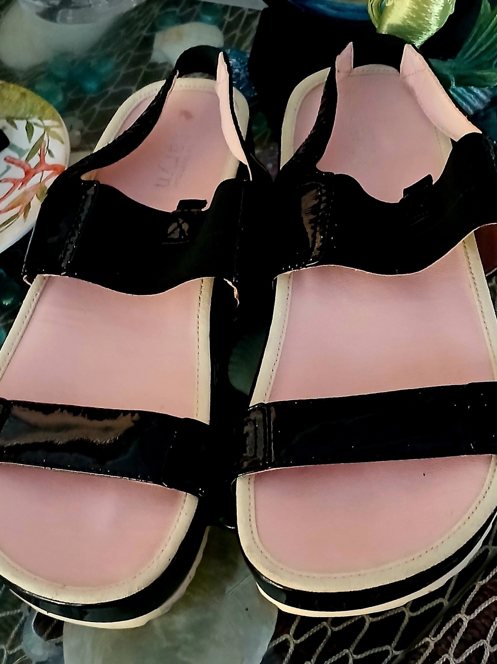 Women’s Black Patent Sandals with Pink Footbed